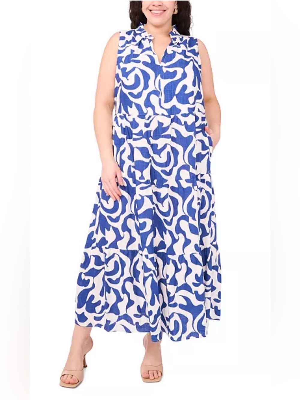 NWT MSK Blue and White Abstract Swirl Maxi Dress Sz 1X